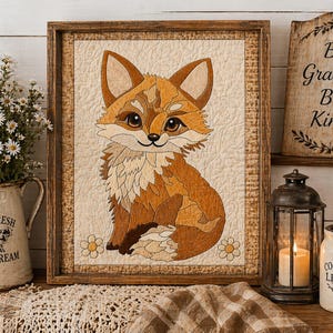 May include: A framed artwork featuring a detailed, patchwork-style fox illustration in shades of brown and tan. The fox is centered on a cream-colored background, surrounded by a wooden frame. Two small daisy-like flowers are at the bottom.