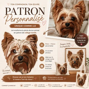 May include: A custom digital pattern service for textile collage featuring a Yorkshire Terrier. The image displays a photo of a dog, a stylised graphic portrait of the same dog, and examples of the portrait on a pillow and tote bag with French text.