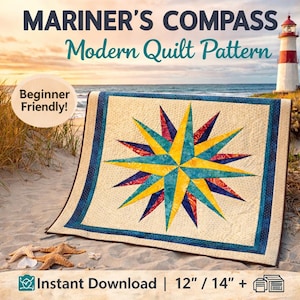 Puede incluir: Un patrón de quilt moderno titulado "Mariner's Compass" con un diseño de estrella en amarillo, turquesa y rojo. El quilt está sobre una playa de arena. El texto incluye "Beginner Friendly!" y "Descarga instantánea | 30.5cm / 35.6cm +".