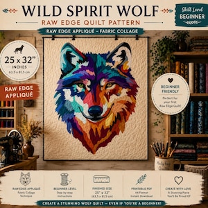 Modello PDF per trapunta con lupo | Applicazione con bordo vivo per principianti | Collage tessile con animali selvatici | 63,5 x 81 cm | Modello bilingue