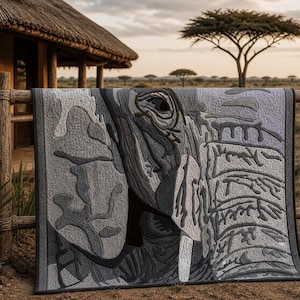 May include: A gray and white quilt featuring a detailed close-up of an elephant's face. The quilt is displayed outdoors, draped over a wooden fence, with a backdrop of an African landscape, including a thatched-roof structure and acacia trees. The quilt's design showcases the elephant's eye, ear, and trunk.