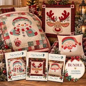 Könnte beinhalten: Ein Quilt-Set mit drei Anleitungen: ein Schneemann-Quilt, ein Rentier-Wandbehang und ein Weihnachtsmann-Kissen. Jede Anleitung enthält Anweisungen zur Herstellung dieser weihnachtlichen Textilartikel in Rot, Grün und Creme.