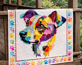 Patrón de edredón para perros en PDF - Aplicación con borde sin rematar para principiantes motivados | Collage textil moderno multicolor con estampado de perros (descarga gratuita)