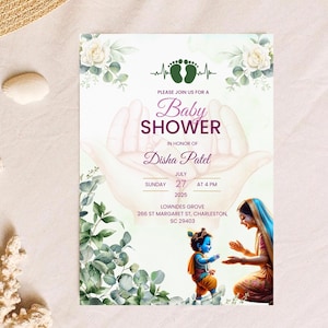 Cute Baby Krishna With Mother Yashoda Baby Shower Invitation Card Editable Template Traditional Small Baby Krishna Image For Invitation
