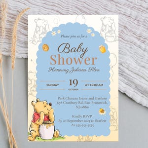Plantilla editable de invitación para baby shower de Winnie the Pooh Invitaciones para baby shower de Winnie the Pooh Evite para baby shower de Winnie the Pooh