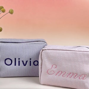 Personalized Embroider Cosmetic Bag,Seersucker Makeup Bag,Bridal Party Gifts,Monogrammed Toiletry Bag,Bridesmaid Gift,Gift for Her
