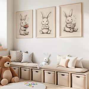 3 piece Wall Art | neutral Bunny Nursery Prints |  Minimalist Wall Art | Beige Woodland Bunny Decor for Gender Neutral Kids Room or Playroom