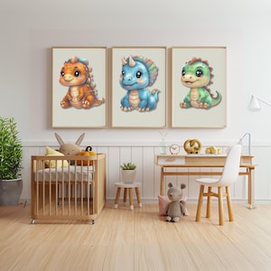 3 piece wall Art | Dinosaur Nursery Wall Art Set, Baby Dinosaurs Digital Prints Cute Printable Dinosaur Decor for Kids Room Instant Download