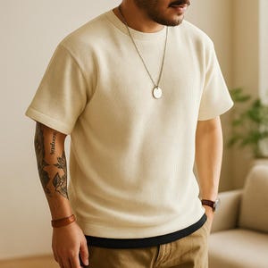 Men’s Waffle Knit Cotton T-Shirt – Casual Short Sleeve Crewneck Tee, Breathable Summer Streetwear, Solid Color Oversized Fit