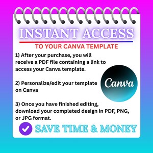Pu&ograve; includere: Un blocco note digitale con rilegatura a spirale, con il testo "ACCESSO IMMEDIATO AL TUO MODELLO CANVA." Le istruzioni sono elencate di seguito, insieme a un logo Canva e la frase "RISPARMIA TEMPO E DENARO."