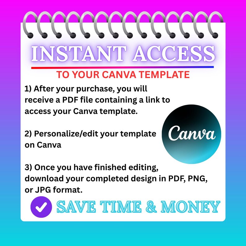 Pu&ograve; includere: Un blocco note digitale con rilegatura a spirale, con il testo "ACCESSO IMMEDIATO AL TUO MODELLO CANVA." Le istruzioni sono elencate di seguito, insieme a un logo Canva e la frase "RISPARMIA TEMPO E DENARO."