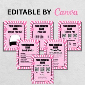 Può includere: Un insieme di biglietti promozionali rosa e bianchi con la scritta "EDITABLE BY Canva". I biglietti presentano un design di cappello, un listino prezzi, opzioni di pagamento, istruzioni e un messaggio di ringraziamento. Ogni biglietto ha un bordo rosa con faccine sorridenti e cuori.