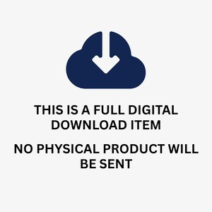 Pu&ograve; includere: Icona di nuvola blu scuro con una freccia rivolta verso il basso, sopra il testo "THIS IS A FULL DIGITAL DOWNLOAD ITEM. NO PHYSICAL PRODUCT WILL BE SENT."