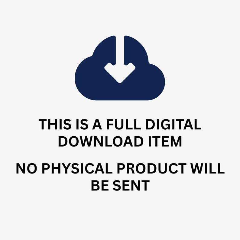 Pu&ograve; includere: Icona di nuvola blu scuro con una freccia rivolta verso il basso, sopra il testo "THIS IS A FULL DIGITAL DOWNLOAD ITEM. NO PHYSICAL PRODUCT WILL BE SENT."