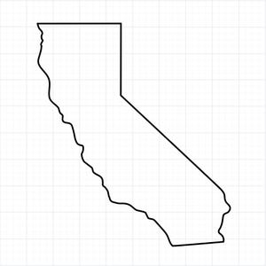 May include: A black outline of the state of California, with its distinctive shape, is centered on a white background with a subtle grid pattern. The image is a simple, graphic representation of the state's borders.