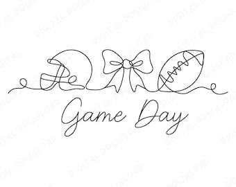May include: A black and white line drawing of a football helmet, a bow, and a football. The words "Game Day" are written in cursive below the illustrations. This design is perfect for sports fans.
