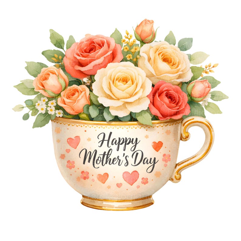 May include: A watercolour illustration of a teacup overflowing with roses in shades of peach, yellow, and red. The teacup is decorated with hearts and the text "Happy Mother's Day".