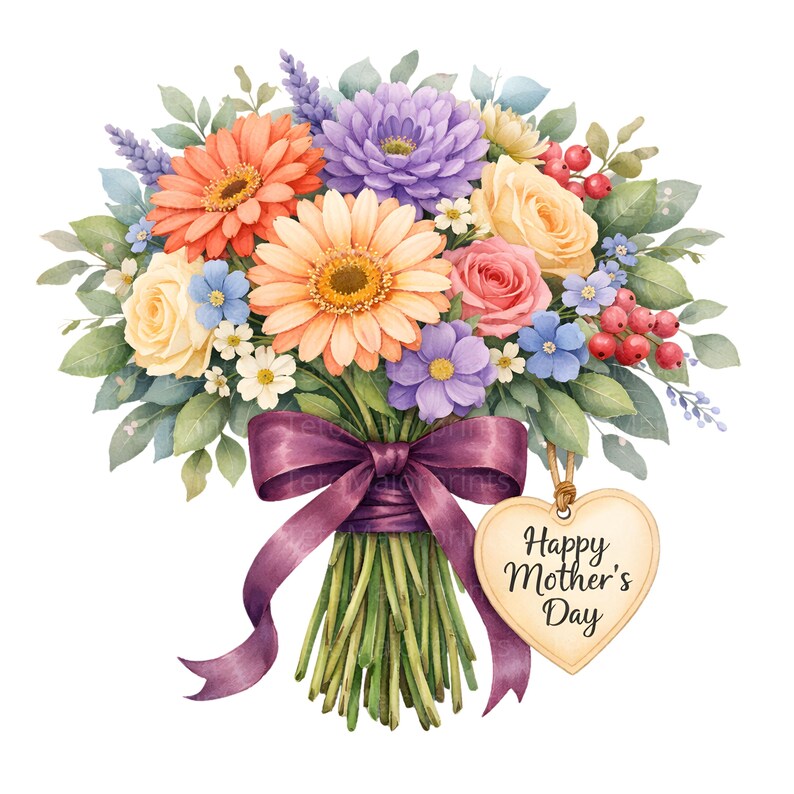 May include: A watercolour illustration of a floral bouquet featuring orange, yellow, purple, and pink flowers, tied with a purple ribbon. A heart-shaped tag with "Happy Mother's Day" is attached. The bouquet includes gerbera daisies and roses.