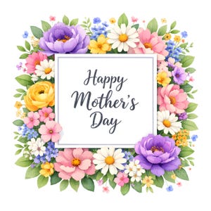 May include: A square floral arrangement with a white centre, featuring the text "Happy Mother's Day." The flowers include purple peonies, pink roses, yellow buttercups, white daisies, and blue forget-me-nots, surrounded by green leaves.