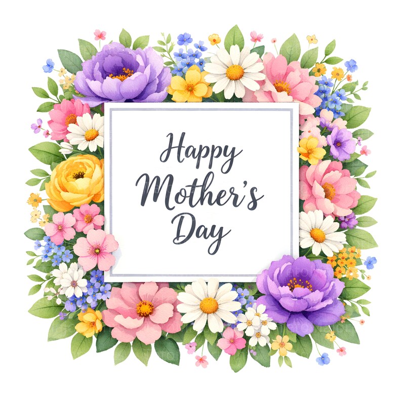 May include: A square floral arrangement with a white centre, featuring the text "Happy Mother's Day." The flowers include purple peonies, pink roses, yellow buttercups, white daisies, and blue forget-me-nots, surrounded by green leaves.