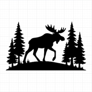 May include: A black silhouette of a moose walking across a small hill, with several evergreen trees on either side. The moose has large antlers and is facing to the right. The trees are detailed with many branches.