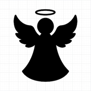 Könnte beinhalten: Schwarze Silhouette eines Engels mit ausgebreiteten Flügeln und Heiligenschein. Die Engelsfigur hat einen runden Kopf, ein fließendes Gewand und detaillierte Flügelfunktionen. Das Design ist schlicht und elegant, geeignet für verschiedene Bastelprojekte.