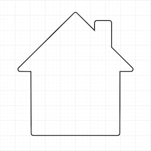 May include: A black outline of a house shape with a chimney and a pitched roof. The house outline is centered on a white background with a subtle grid pattern.