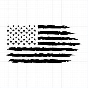 Könnte beinhalten: Schwarz-weißes Design der zerrissenen amerikanischen Flagge. Die Flagge zeigt 50 Sterne in der oberen linken Ecke und 13 Streifen mit einem abgenutzten, strukturierten Aussehen. Geeignet für patriotische Themen.