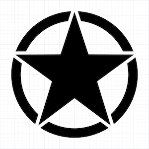 May include: A black star within a black circle, a classic military symbol. The star has five points and is centered within the circle. The design is simple and bold, with a clean, graphic style. The background is a light grid.