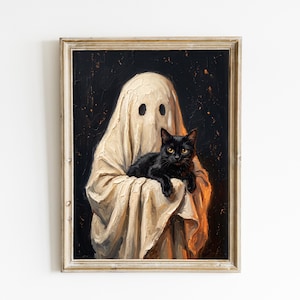 Ghost with Black Cat Wall Art Printable, Cute Halloween Ghost Print, Minimalist Spooky Decor, Gothic Digital Download