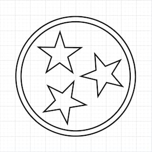 May include: Black and white graphic of the Tennessee state symbol. The design features three white stars inside a black circle, which is enclosed by a second black circle. The background is a grid pattern.