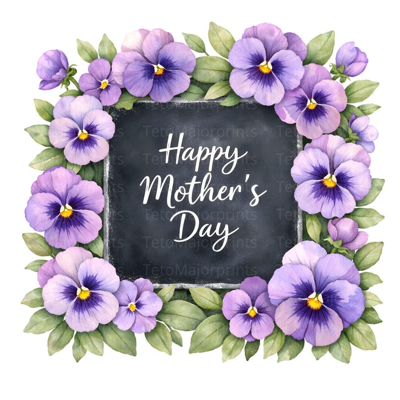 May include: A watercolour illustration featuring a square chalkboard with the text "Happy Mother's Day" in white script, framed by purple pansies and green leaves. The design is set against a white background.