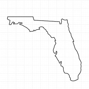 May include: A black outline of the state of Florida, USA, against a white background with a subtle grid pattern. The image highlights the distinctive shape of Florida.
