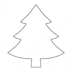 May include: A simple black and white line drawing of a Christmas tree silhouette. The graphic features a pointed top, three distinct tiers of branches with curved edges, and a rectangular trunk base, all outlined in a clean, solid black line.