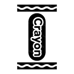 May include: A black and white graphic illustration of a crayon wrapper design. The central vertical element is a black oval containing the white text Crayon, flanked by horizontal black bands featuring a repeating white wavy line pattern.