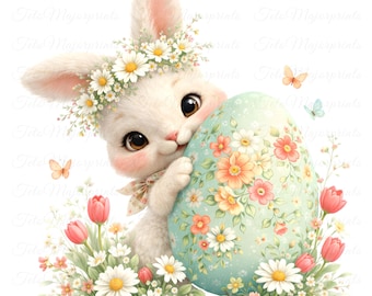 May include: A charming illustration of a white bunny wearing a daisy crown, embracing a pastel blue Easter egg adorned with floral patterns. Pink tulips and butterflies surround the bunny, creating a whimsical spring scene.