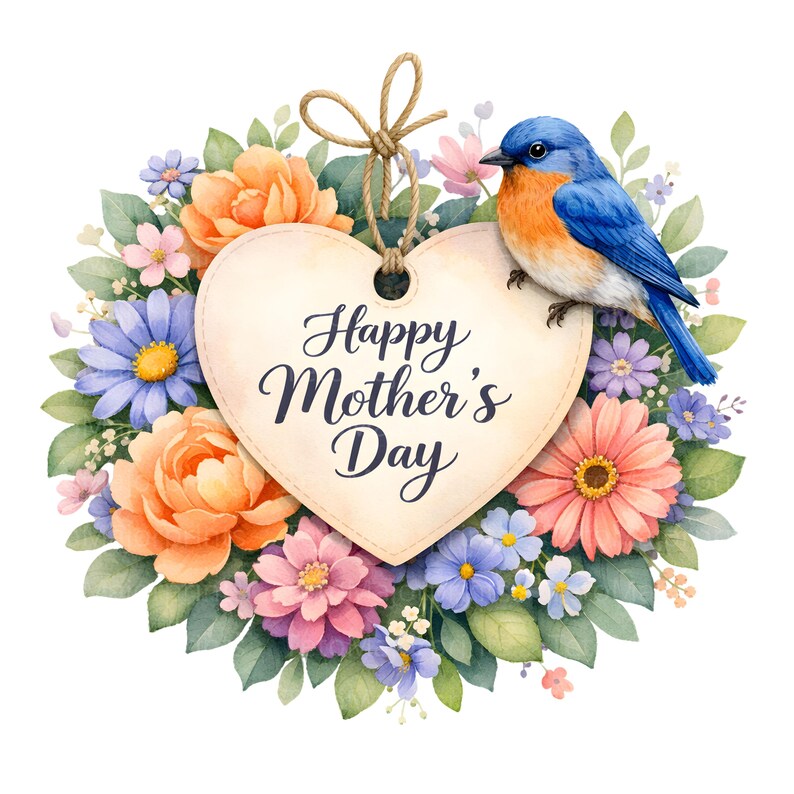 May include: A watercolour illustration shows a heart-shaped tag with "Happy Mother's Day" text, encircled by colourful flowers and a blue bird. The flowers include orange roses, purple daisies, and pink blossoms, creating a vibrant floral arrangement.