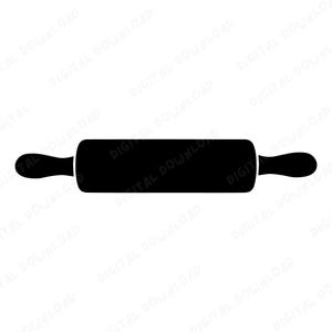 May include: A black rolling pin with two rounded handles. The rolling pin is a kitchen tool used for flattening dough. The image is a silhouette on a white background.