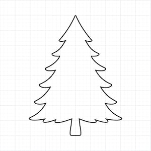 May include: A black outline of a Christmas tree on a white grid background. The tree has a triangular shape with layered branches and a trunk at the bottom. The image is a simple, minimalist design.