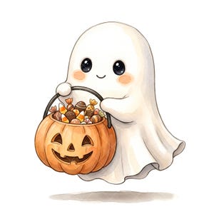 Pacote com 10 imagens JPG de fantasmas para o Halloween, incluindo clipart de fantasmas fofos e kawaii, fantasma de abóbora, arte de gato preto e elementos gráficos para diários e scrapbooking.