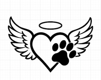 Angel Heart Paw Print SVG | Pet Memorial Wings Halo SVG | Dog Cat Remembrance SVG | Paw Print Outline Png for Cricut