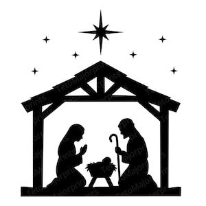 Op de afbeelding: Een zwart silhouet van een kerststal. De afbeelding toont Maria en Jozef die knielen naast een kribbe, met een ster boven een stal. Verschillende sterren zijn op de achtergrond verspreid. De afbeelding is een eenvoudige, maar elegante weergave van het kerstverhaal.