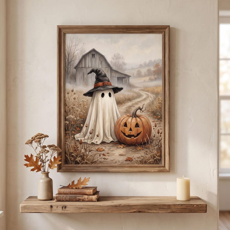 Puede incluir: Una l&aacute;mina de arte enmarcada que representa a un fantasma blanco con un sombrero de bruja negro junto a una calabaza naranja tallada en un camino de tierra frente a un granero de madera r&uacute;stico en un campo con follaje oto&ntilde;al.