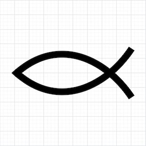 Op de afbeelding: Een zwart Ichthys-symbool, een gestileerde visomtrek, wordt afgebeeld tegen een witte rasterachtergrond. Het gebogen lichaam en de kruisende staart van het symbool creëren een eenvoudige, gedurfde afbeelding, vaak gebruikt als christelijk symbool.