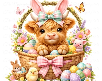 May include: A digital illustration of a Highland cow wearing bunny ears and a bow, sitting in a woven basket filled with Easter eggs, flowers, and a piglet. A chick and a bunny are also present. Butterflies flutter around the basket, creating a festive Easter theme.