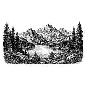 May include: A black and white line art illustration depicting a mountain range rising above a calm lake. The scene is framed by dense pine forests on both sides, with rocky terrain and small ferns in the foreground and a small cabin by the water.