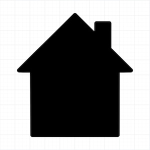 Puede incluir: Silueta negra de una casa con tejado a dos aguas y chimenea. La forma de la casa es simple y gráfica, sobre un fondo blanco con un sutil patrón de cuadrícula. El diseño es limpio y minimalista.