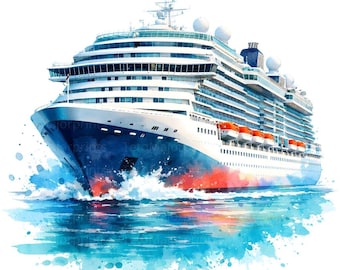 Watercolor Cruise Ship PNG Summer Vacation Ocean Travel Clipart