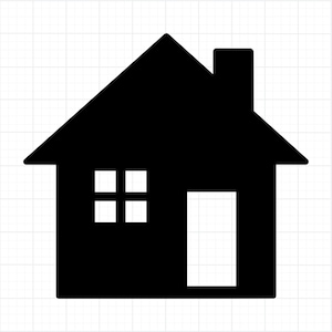 May include: A black silhouette of a house with a pitched roof, chimney, and a door. The house has a window with four panes. The image is a simple, graphic representation of a home.