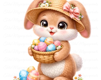 May include: A cartoon illustration of a brown bunny wearing a straw hat with a pink bow and holding a basket of colorful Easter eggs. Additional eggs are scattered around the bunny, with small flowers. The bunny has large eyes and a smiling expression.